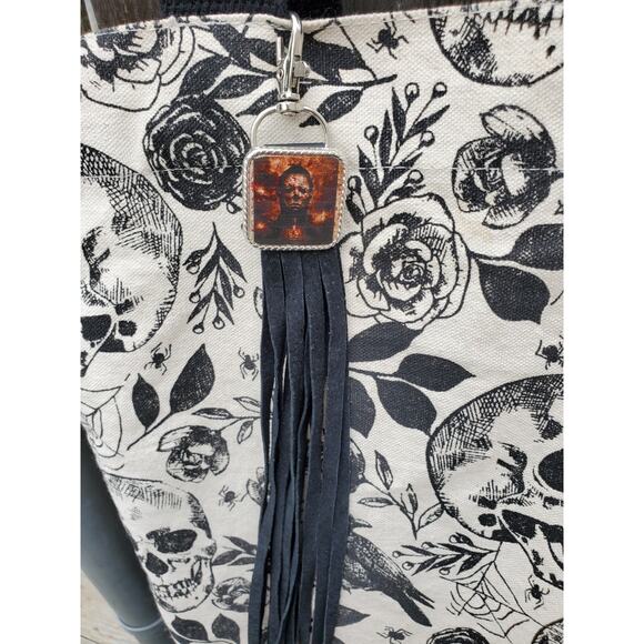 Handmade Halloween horror Leather Fringe purse bag charm keychain spooky vibes - Picture 2 of 4
